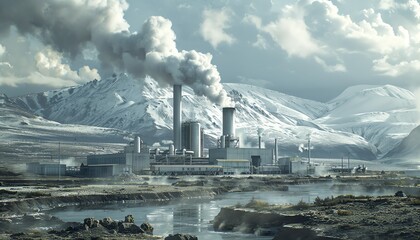 Generate a dynamic image of a geothermal power plant set against a backdrop of volcanic mountains and steaming vents