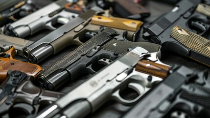 A row of guns are lined up on a table