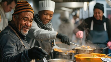 A man and woman volunteering at a local soup kitchen, serving steaming bowls of food to a line of people in need. The kitchen is clean and brightly lit, with a warm and welcoming atmosphere. Ample