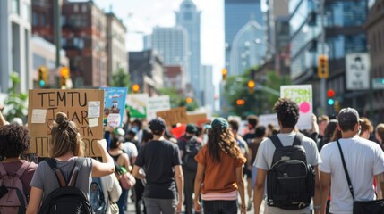 A photo of a group of protestors peacefully marching down a city street, holding signs advocating for social justice. The signs feature bold messages and diverse iconography. The background shows a