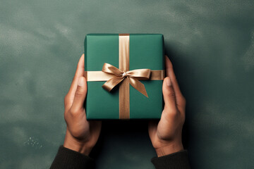 romantic green background with male hands holding a wrapped gift box seen from above for a birthday