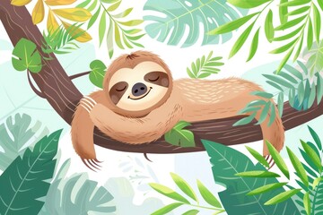 Obraz premium Cute sloth sleeping on a tree branch in the jungle illustration for nature and wildlife enthusiasts