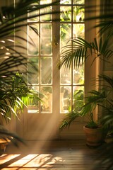 Fototapeta premium Sunlight filtering through window, illuminating wooden floor and potted plants