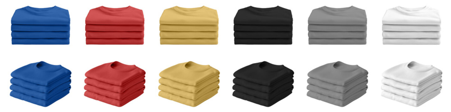 Set of folded blue, red, and yellow, black, gray, and white t-shirts, stacked on transparent background cutout, PNG file. Mockup template for artwork graphic design