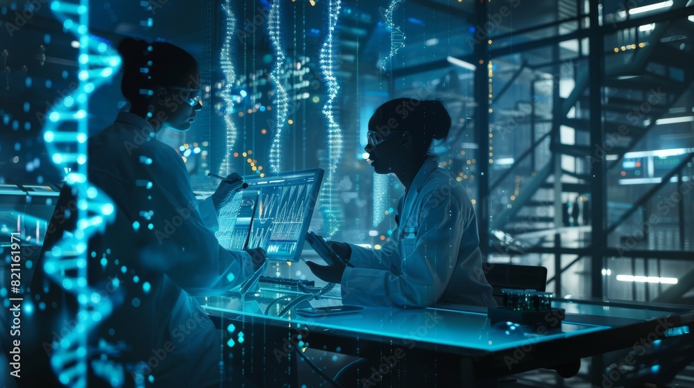Poster two scientists work together on a transparent display computer in the futuristic laboratory. a scree