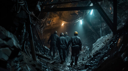 A team of miners in helmets and work gear walk through a dimly lit underground tunnel, illuminated...