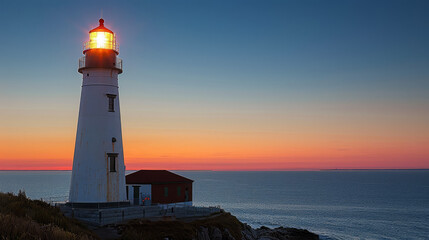 Award Winning National Geographic rule of thirds, photograph of a lone lighthouse at twilight, minimalist, plain coastal blue background, ultra realistic photo, centered in frame T