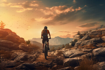 A stunning foto of a young adult and Asian man riding his bicycle on a rocky mountain, a backside portrait of a guy racing his mountain-bike on a dusty hillside full of rocks at sunset