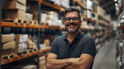 Fototapeta premium Smart Man Wearing Glasses Standing in front of Rows of Shelves Filled with Packing Boxes and Parcels Ready for Shipping. Handsome Warehouse Inventory Manager Smiling at Camera.