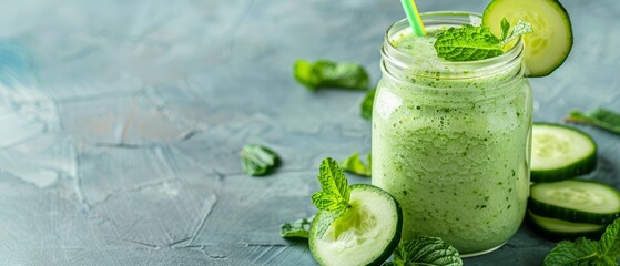 Cool Cucumber Mint Smoothie with a Cucumber Slice, Copy Space