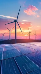 Clean energy concept, photovoltaic panels and wind turbines in the light of the rising sun, sunseys