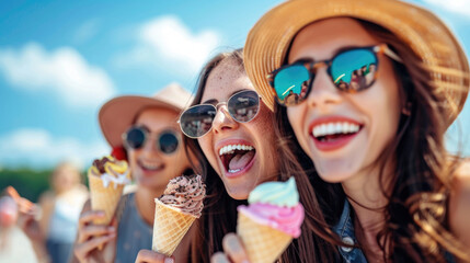 Obraz premium A diverse group of adolescent females enjoying ice cream cones together