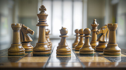 Award Winning National Geographic rule of thirds, photograph of a minimalist chess set in mid game, minimalist, plain slate background, ultra realistic photo, left in frame The str