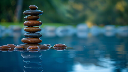 Award Winning National Geographic rule of thirds, photograph of a perfectly balanced stack of smooth river stones beside a tranquil pond, minimalist, plain serene blue background,