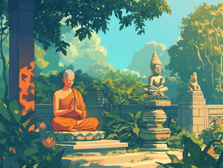 A serene monk in orange robes meditates in a lush, tranquil garden, surrounded by statues of Buddha and rich greenery