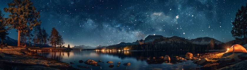A beautiful night sky with a lake and a campfire