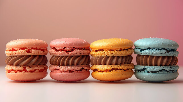 Award Winning National Geographic rule of thirds, photograph of a row of colorful macarons, minimalist, plain pastel background, ultra realistic photo, centered in frame The macaro