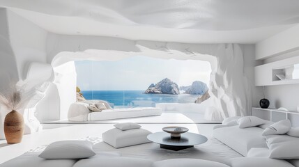 White room with a large window overlooking the ocean