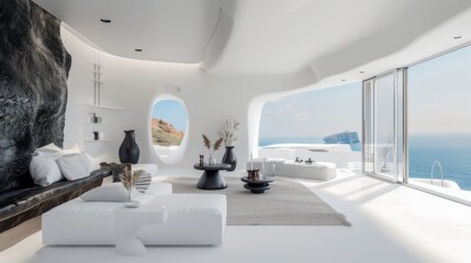 White living room with a large window overlooking the ocean