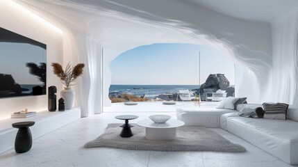 White room with a large window overlooking the ocean