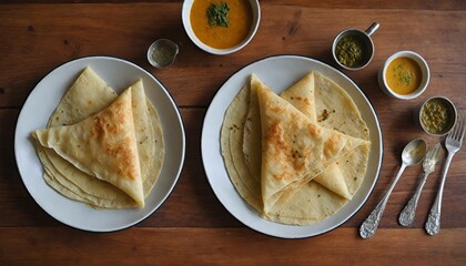 Dosa: Thin, crispy crepes made from fermented rice and urad dal batter, often served with sambar (a lentil-based vegetable stew) and coconut chutney on the wooden table top view