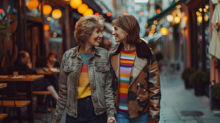 Senior LGBTQ couple holding hands on a street