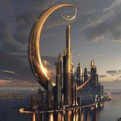 A futuristic city with a large golden circle in the middle