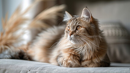 Award Winning National Geographic rule of thirds, photograph of a serene cat lounging, minimalist, plain soft beige background, ultra realistic photo, right in frame The cat's rela