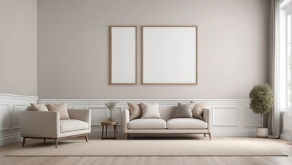 minimalist living room with mockup frame, neutral color interior design