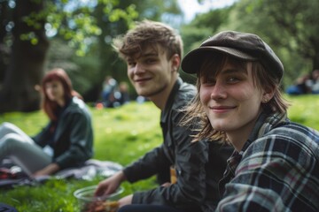 Fototapeta premium Youthful Friends Enjoying a Relaxing Day at the Park, Seated on the Grass