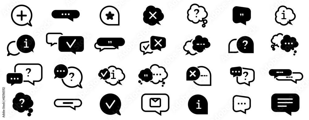 Poster support logo collection with comment, headphone in black. chat icons collection. messaging frame box