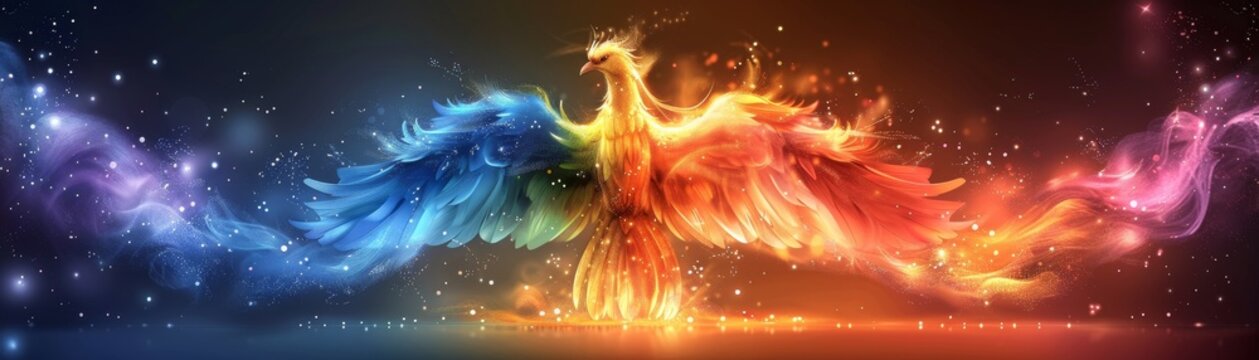 Clean vector illustration of a rainbow-colored phoenix rising, symbolizing rebirth and Pride