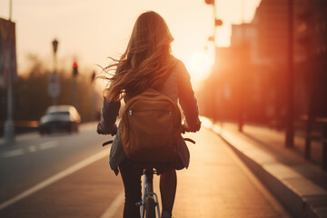 A beautiful young adult of Caucasian hipster woman riding her bicycle to work, a backside portrait of a woman commuting on a bicycle on a sunny day in an urban street at sunset - Powered by Adobe