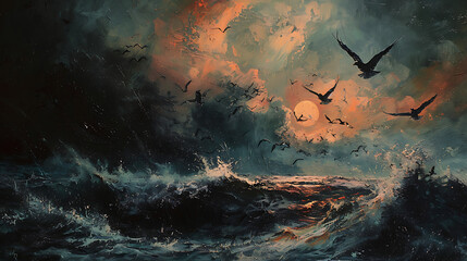 Seagulls soar above turbulent seas under brooding skies. Waves crash amidst stormy weather. Atmospheric and dynamic coastal scene captured with dramatic intensity