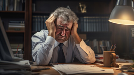 A tired and frustrated elderly and Latin business man is sitting at his wooden office desk with his hands in her hair with side-lighting