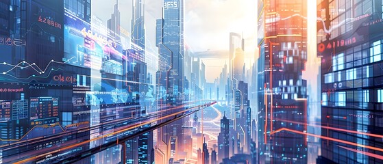 Fototapeta premium Futuristic Cityscape with Vibrant Skyscrapers Illuminated Transportation and Glowing Atmosphere