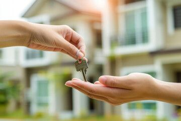 Close-up of hands exchanging a house key with a beautiful home and garden blurred in the sunny background