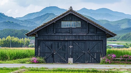 Obraz premium a black wood garage nestled amidst the picturesque rice fields of South Korea, featuring a gable roof and side door, surrounded by lush greenery, with ample open space nearby for parking cars.