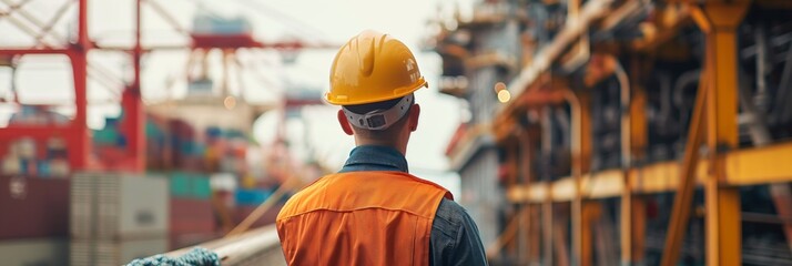 A construction worker looks over a busy port, highlighting industry and logistics