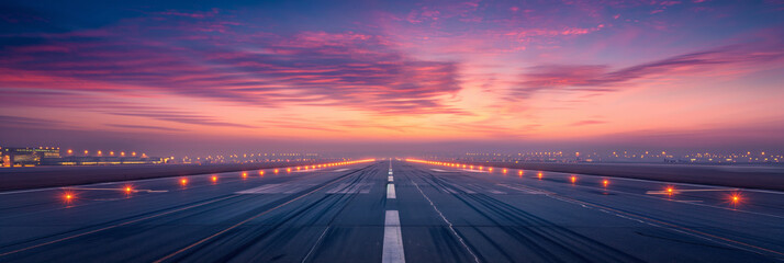 Obraz premium The vast and empty runway bathed in the pink hues of twilight creates a serene atmosphere