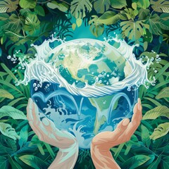 A hand holding a globe with water surrounding it