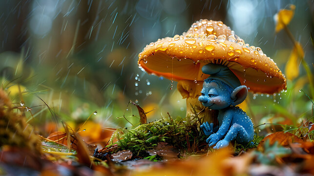 "Blue smurf hides beneath mushroom, seeking shelter from rain. Whimsical illustration portraying nature's refuge, capturing the charm of woodland hideaways. Ideal for children's books or fantasy-theme
