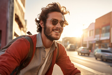 A beautiful young adult of South-African hipster man riding his bicycle to work, a frontside portrait of a guy commuting on a bicycle on a sunny day in an urban street at sunset - Powered by Adobe
