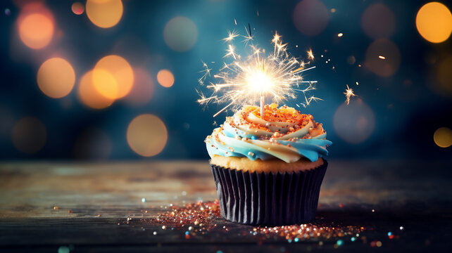 A birthday cupcake with flower decorations and sparklers and a background with decorations in bokeh