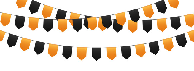 Party flags, bunting flags garland, orange and black pennants hanging on a rope. Halloween vector decoration.