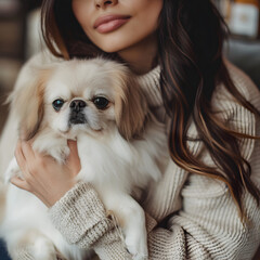 Friendship between dog and woman. Portrait of beautiful young girl with glasses holding her dog in hands. Cute Pekingese dog in arms of loving owner. 