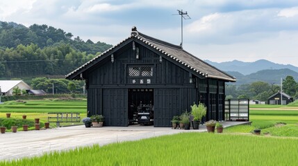 a black wood garage nestled amidst the picturesque rice fields of South Korea, featuring a gable roof and side door, surrounded by lush greenery, with ample open space nearby for parking cars.
