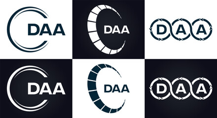 DAA logo. D A A design. White DAA letter. DAA, D A A letter logo design. D A A letter logo design in FIVE, FOUR, THREE, style. letter logo set in one artboard. D A A letter logo vector design.	
