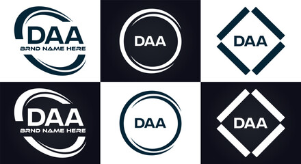 DAA logo. D A A design. White DAA letter. DAA, D A A letter logo design. D A A letter logo design in FIVE, FOUR, THREE, style. letter logo set in one artboard. D A A letter logo vector design.	
