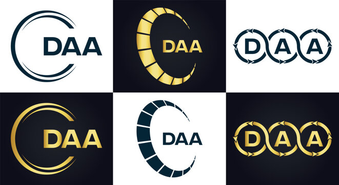 DAA logo. D A A design. White DAA letter. DAA, D A A letter logo design. D A A letter logo design in FIVE, FOUR, THREE, style. letter logo set in one artboard. D A A letter logo vector design.	
